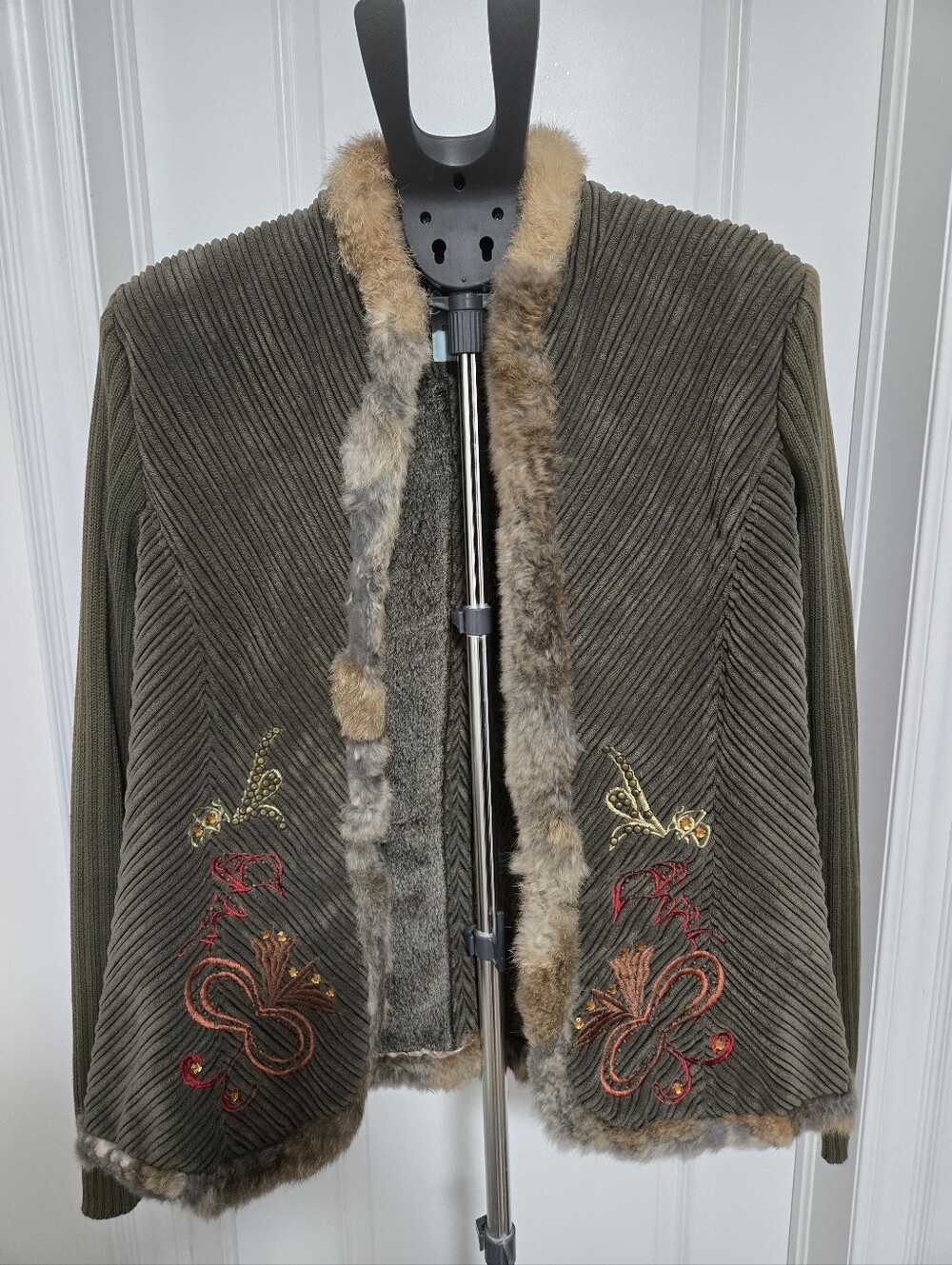 Vintage Olive Green Embroidered Faux Fur-Trim Jacket